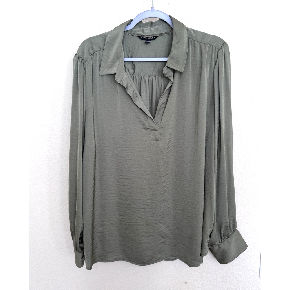 Banana Republic Satin Tunic Blouse Womens 2XL Olive Green Minimalist